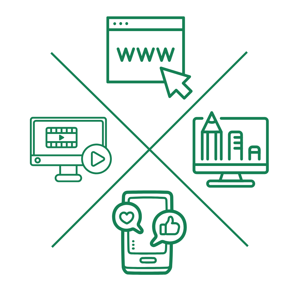 Icons representing a website, design tools on a monitor, smartphone with reactions, and a monitor with film and play icons